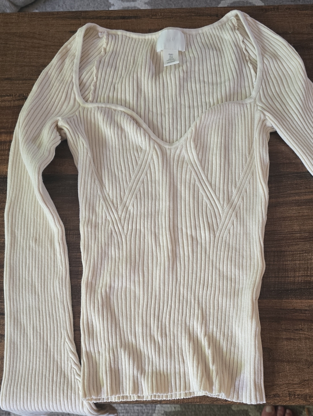 H&M Cream Ribbed Long-Sleeve Scoop-Neck Top